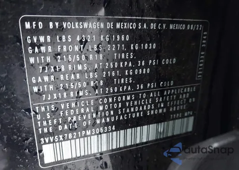 2023 Volkswagen Taos 1.5T Se из США, поврежденный, VIN 3VVSX7B21PM305334